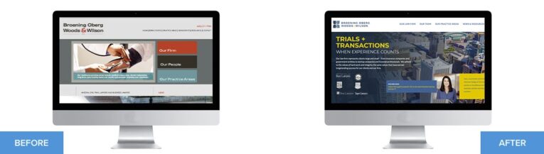 Comparison of two computer screens showing website redesign: The 'before' image shows an older design with muted colors, and the 'after' image mirrors one of the 9 Impressive Law Firm Website Makeovers, displaying a modernized, professional interface with bolder colors and streamlined content.