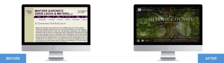 Comparison of two computer screens: the left screen shows a text-heavy website titled "A Commitment To Our Clients"; the right screen displays a nature-themed website titled "Defense Counsel—one of the 9 Impressive Law Firm Website Makeovers.
