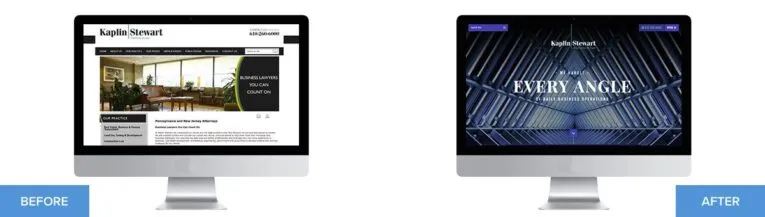 Side-by-side comparison of Kaplin Stewart website redesign. The "Before" version features a simple layout with a photo of an office, while the "After" version showcases a modern, geometric design. This transformation is one of the 9 Impressive Law Firm Website Makeovers you'll want to see.