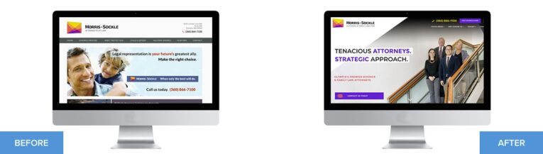 Side-by-side comparison of a law firm's website redesign with 'before' on the left showing an older, text-heavy layout, and 'after' on the right featuring a modern, professional design with a firm photo. Discover this transformation and more in our spotlight on 9 Impressive Law Firm Website Makeovers.