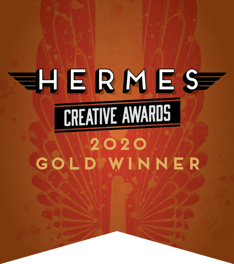 Hermes Creative Awards 2020 Gold Winner logo with wings and text on an orange background.