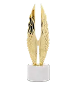 A gold-colored, wing-shaped trophy stands on a white circular base.
