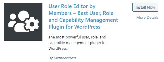 Screenshot of "User Role Editor by Members" plugin listing on a website, described as a powerful user, role, and capability management plugin for WordPress. Learn how to restrict user access in WordPress with this tool. Includes buttons for installation and more details.