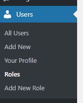 User management menu with options: All Users, Add New, Your Profile, Roles, and Add New Role. The "Users" section is highlighted. Learn how to restrict user access in WordPress for better control over your site’s users and roles.