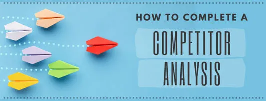 Paper airplanes in various colors fly in the same direction on a blue background. Text reads "Guide to Competitor Analysis for SEO.