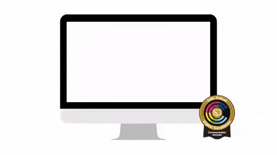 An animated screen displays "Gold Communicator Award Winner," moving from black text to a golden badge. The badge features a multicolored ring around a trophy icon, proudly showcasing PaperStreet Law Firm Website Design as it wins the Communicator Awards' highest distinction.