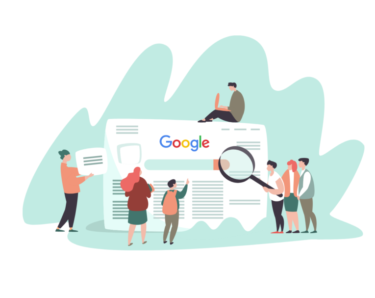 Illustration of several people interacting with an oversized webpage featuring the Google logo. One person sits atop the page, another holds a magnifying glass, and others engage with content, pondering: Are Local Service Ads the Next Big Thing in Law Firm Search Engine Marketing?