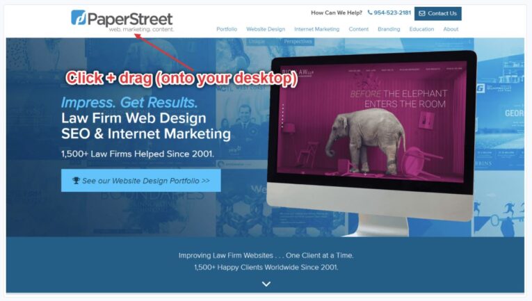 Screenshot of a website offering web design, SEO, and internet marketing services for law firms. The header includes a logo, navigation menu, contact information, and a callout graphic on how to save the page or add an attorney placeholder image to your website.