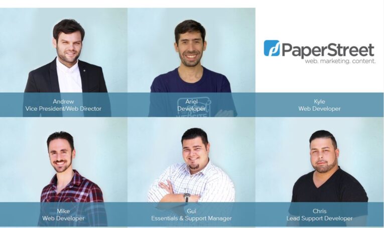  Composite image showing six men, each labeled with their name and title, against a light blue background. The PaperStreet logo is in the top right corner, along with the text "web. marketing. content." Learn more on "How to Add an Attorney Placeholder Image to Your Website.