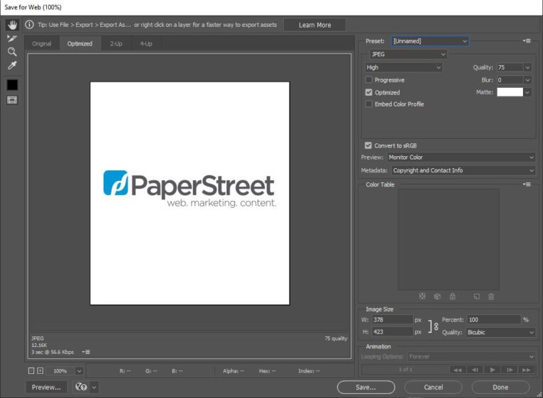  Adobe Photoshop Save for Web dialogue box displaying a "PaperStreet" logo with options for image optimization and export settings on the right, illustrating how to add an attorney placeholder image to your website seamlessly.