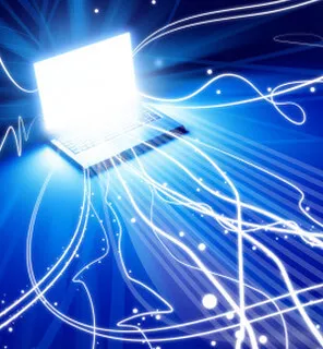 A brightly glowing laptop emits white light and lines on a blue background, symbolizing digital connectivity or information flow, much like tuning your website for modern page speed metrics.