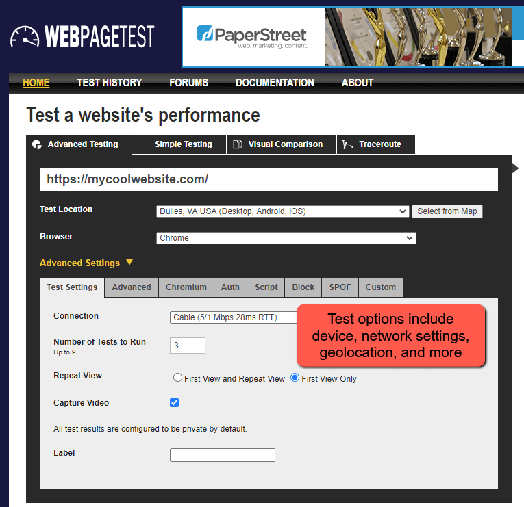 Screenshot of the WebPageTest interface showcasing settings for tuning your website for modern page speed metrics, including test location, connection speed, number of test runs, and video capture options.
