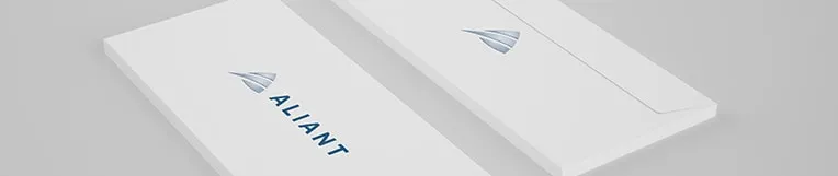 Two white envelopes, one open and one sealed, both displaying the word "ALIANT" alongside a blue, geometric law firm logo on a grey background.