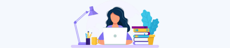 Illustration of a person working on a laptop at a desk with a lamp, coffee mug, books, potted plant, and pencil holder.