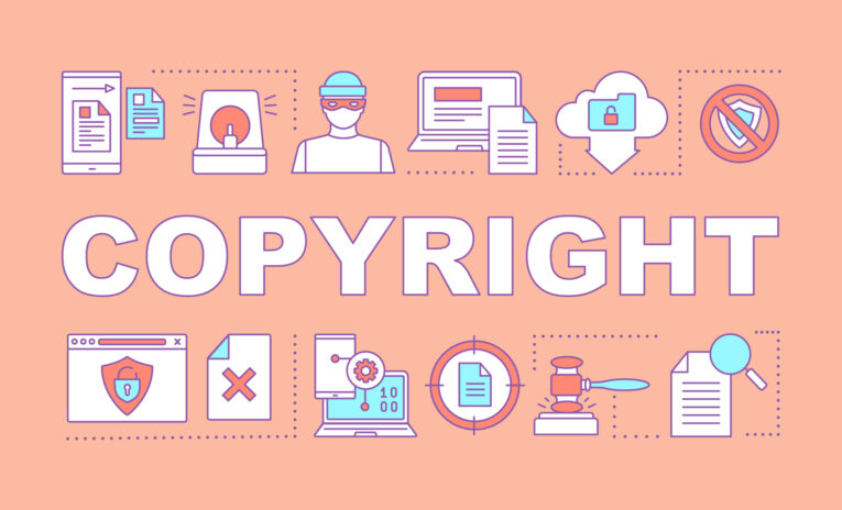 Illustration of various copyright-related icons, including symbols for documents, computers, a hacker, a cloud, and a gavel, with the word "COPYRIGHT" prominently displayed in the center.