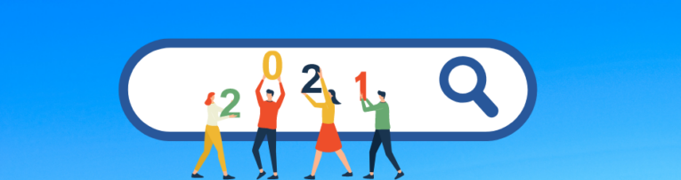 Four illustrated people are holding up the numbers 2021 inside a search bar with a magnifying glass icon on the right. The background is a gradient of blue.