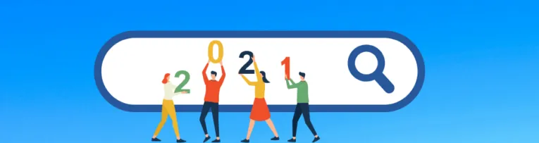 Four illustrated people are holding up the numbers 2021 inside a search bar with a magnifying glass icon on the right. The background is a gradient of blue.