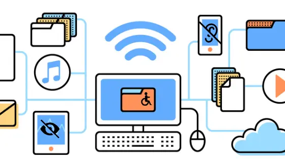 Illustration of a computer setup with icons representing file sharing, the three keys to maintaining accessibility in your blog, and multimedia. Wi-Fi signals, a mouse, and cloud storage are also depicted.
