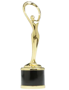 A gold statuette with an abstract human figure stands on a round black base.