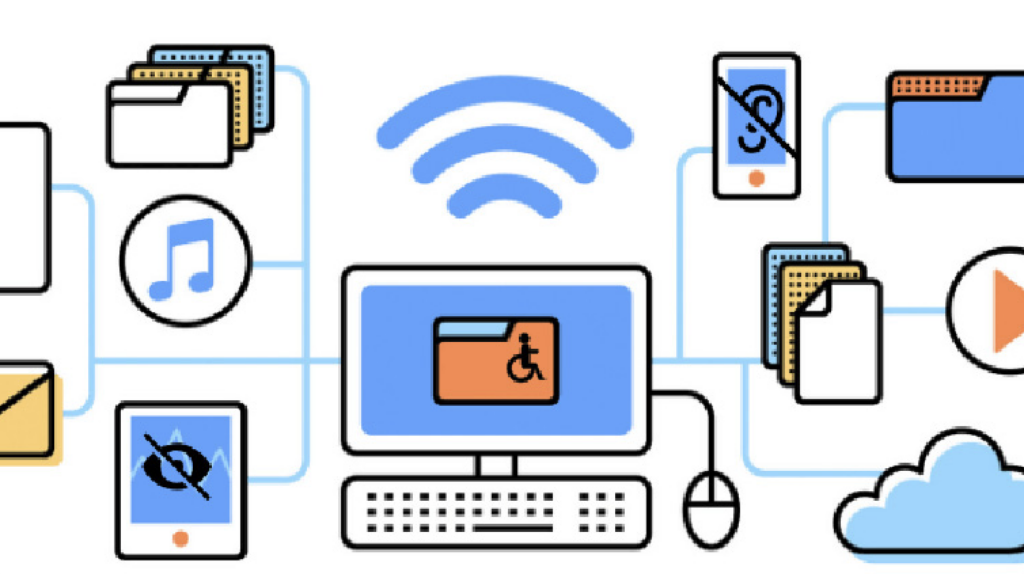 A computer is depicted with various files, folders, a tablet, a smartphone, and a cloud icon, all interconnected by blue lines and a wifi symbol. It illustrates digital connectivity and data access while embodying the three keys to maintaining accessibility in your blog.