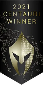 Image of an award banner with "2021 CENTAURI WINNER" text above a stylized golden helmet adorned with binary code patterns.