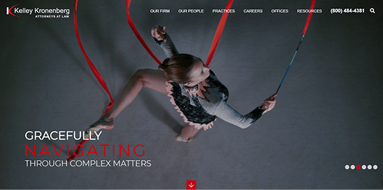 Aerial performer in a black outfit suspended by two red and blue ribbons. Text reads, "Gracefully navigating through complex matters." Upper left corner has Kelley Kronenberg Attorneys at Law logo.
.