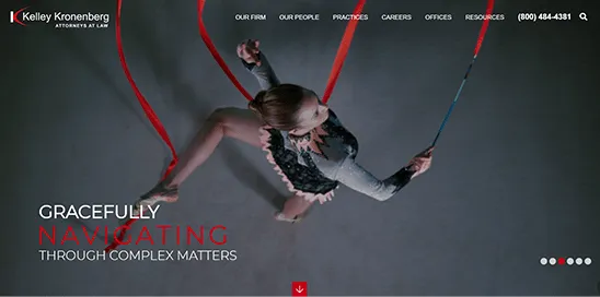 Aerial performer in a black outfit suspended by two red and blue ribbons. Text reads, "Gracefully navigating through complex matters." Upper left corner has Kelley Kronenberg Attorneys at Law logo.
.