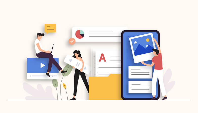 Illustration of three people interacting with large digital files and media elements, including a pie chart, video player, document, and smartphone.