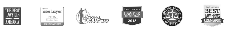 A row of six monochrome badges and logos from legal organizations, including Best Lawyers in America, Super Lawyers, and National Trial Lawyers.