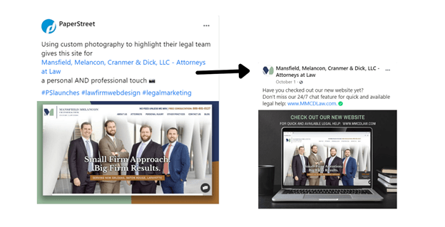 Two social media posts featuring a website launch for Mansfield, Melancon, Cramer & Dick, LLC with previews of the new site highlighting their legal team's photos and professional branding.