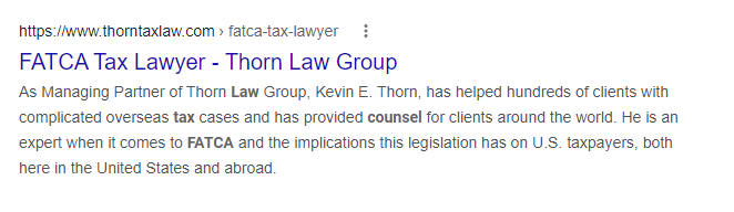 Screenshot of a Google search result for "FATCA Tax Lawyer" with a snippet about Kevin E. Thorn, Managing Partner of Thorn Law Group, highlighting his expertise in FATCA and providing counsel on tax cases.