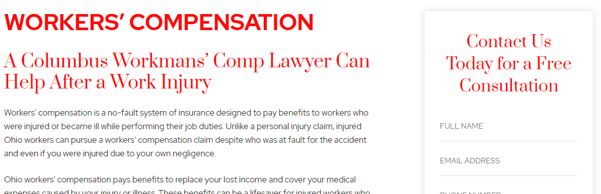 The image shows a webpage discussing workers' compensation and offers a free consultation with a form for contact details on the right side.