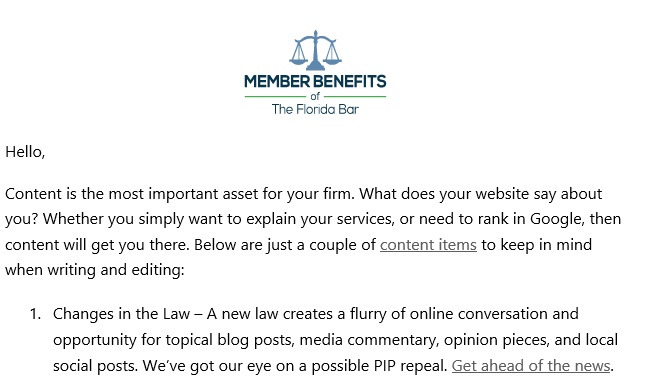 A document from "The Florida Bar Member Benefits" discussing the importance of website content, with a mention of content items, changes in the law, and an opportunity to get ahead of the news.