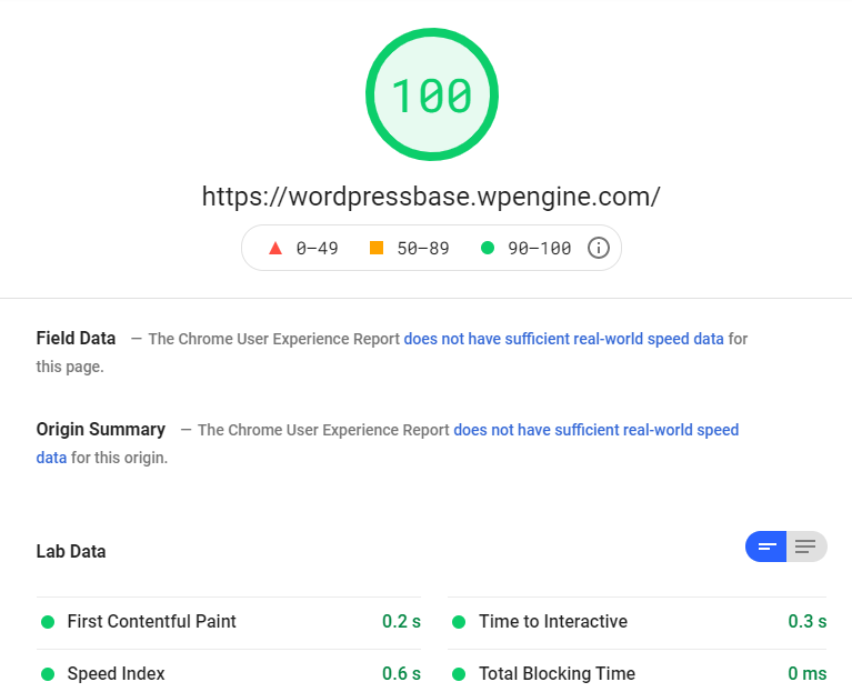 Google PageSpeed Insights score of 100 for website https://wordpressbase.wpengine.com/ with green sections for lab data showing metrics like First Contentful Paint and Time to Interactive.