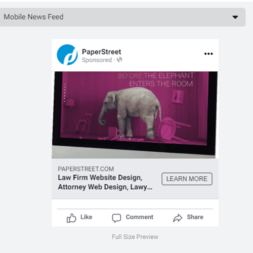 A sponsored PaperStreet ad on Facebook displays an elephant in a room with overturned furniture and the text, "Before the elephant enters the room." It promotes law firm website design services.