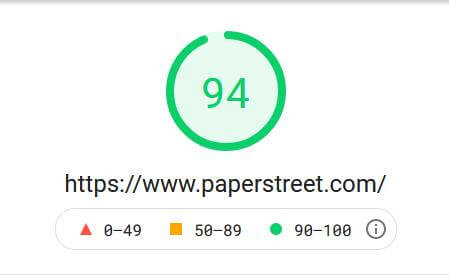 The image depicts a website performance score of 94 out of 100 for the URL "https://www.paperstreet.com/", highlighted by a green circle, demonstrating how addressing technical SEO issues that harm law firm marketing can lead to impressive results.