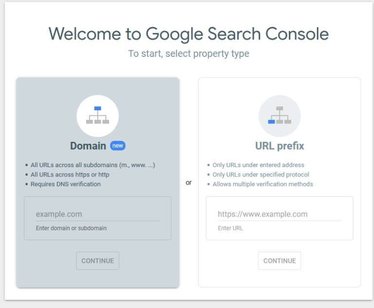 Screenshot of Google Search Console's welcome screen showing options to start by selecting a property type: "Domain" or "URL prefix." Each option includes brief descriptions and fields for domain or URL entry, crucial for addressing technical SEO issues that harm law firm marketing.
