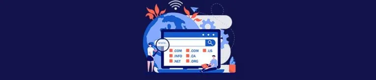 Illustration of a person using a laptop to search domain names, with examples like .com, .net, and .org displayed on a browser. A magnifying glass hovers over the URL bar; behind is a globe subtly showcasing the "Domain Names for Law Firms: Best Practices Guide.