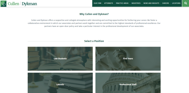 Screenshot of Cullen and Dykman career opportunities page, showing categories for law students, laterals, first years, and professional staff. The page highlights the firm's commitment to professional development.