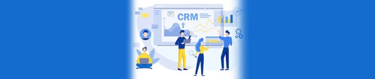 Illustration of people interacting with a large CRM dashboard displaying graphs and charts, offering insights on "How to Sabotage Meetings - From Actual Spies.