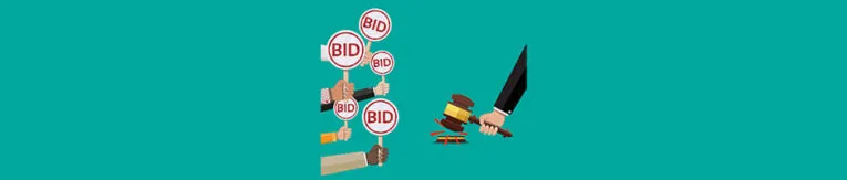Several hands hold up signs displaying the word "BID," while a gavel is poised to strike on the right side, indicating an auction is taking place.