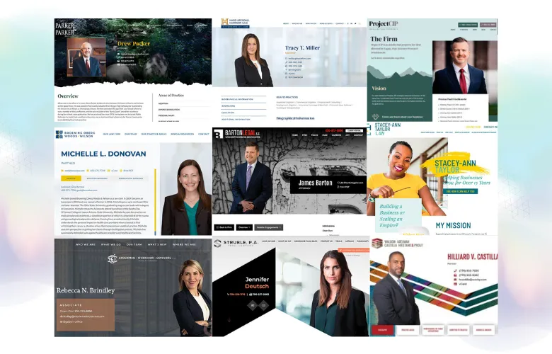 A collage of business and professional profile webpages, each featuring individuals with their names, photos, and brief descriptions of their roles and specializations.