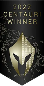 Image of an award banner featuring the text "2022 Centauri Winner" above a stylized, abstract shield or helmet logo with binary code details.