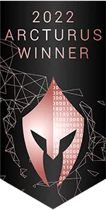 Banner with the text "2022 Arcturus Winner" and a stylized helmet logo surrounded by geometric lines and binary digits.