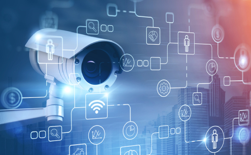 A surveillance camera on the left side with digital icons and interconnected lines overlaying a cityscape background, symbolizing data and network connectivity, much like an SEO glossary for lawyers visually representing key phrases.