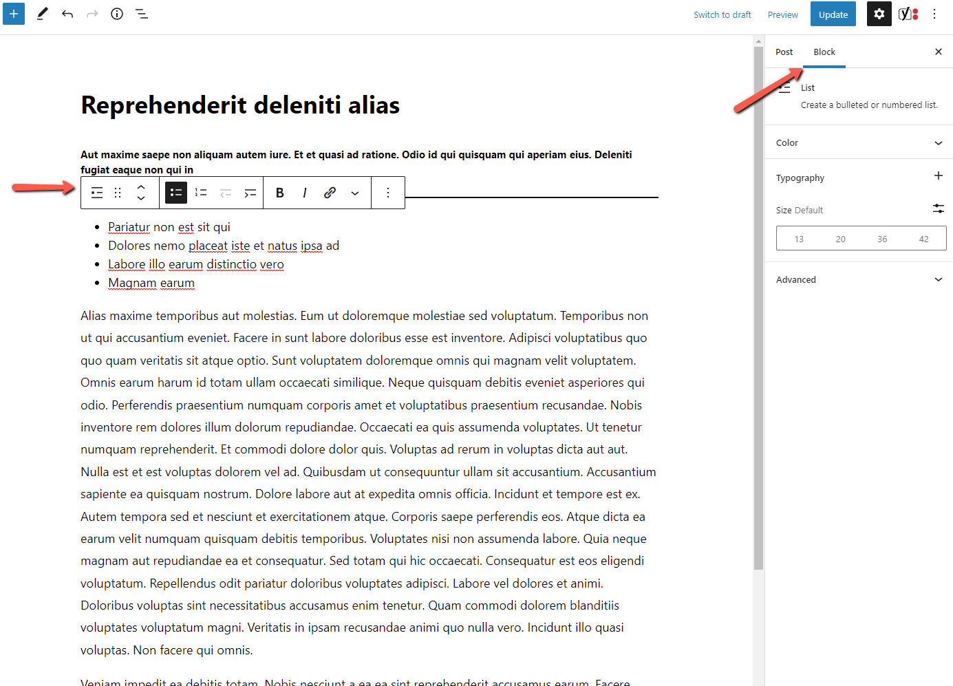 Screenshot of a text editing interface on a webpage featuring a highlighted bullet point list within "A PaperStreet Introduction to WordPress’ New Content Editor Gutenberg." The list includes three items with check marks and one item open for editing, outlined in blue.
