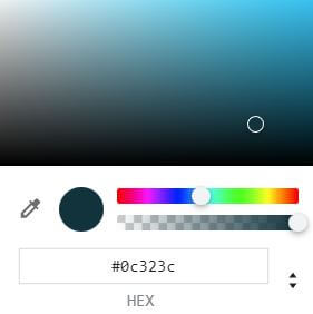 A color picker tool showing a dark teal color with the HEX code #0c323c selected.