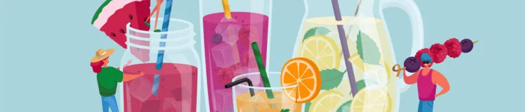 Illustration of various beverages including a watermelon drink, a berry smoothie, lemon water, and a person holding a skewer of mixed berries.