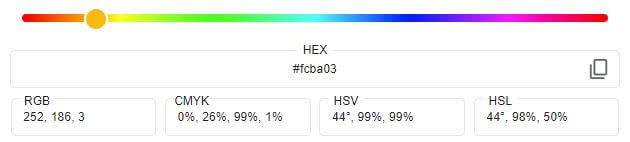 A color spectrum slider set to a yellow-orange shade with the HEX code #fcba03 and corresponding RGB, CMYK, HSV, and HSL values below.