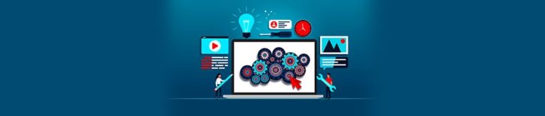 Illustration of a laptop displaying interconnected gears, symbolizing technology and networking, surrounded by icons of light bulb, play button, charts, data, and plugins.